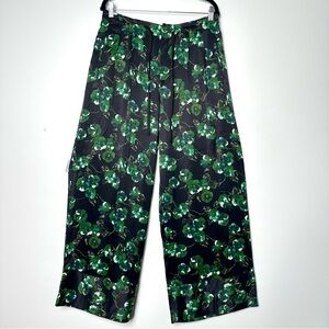 Whimsigoth Black Satin Drawstring Pants Green Floral Wide Leg Forestcore Earthy